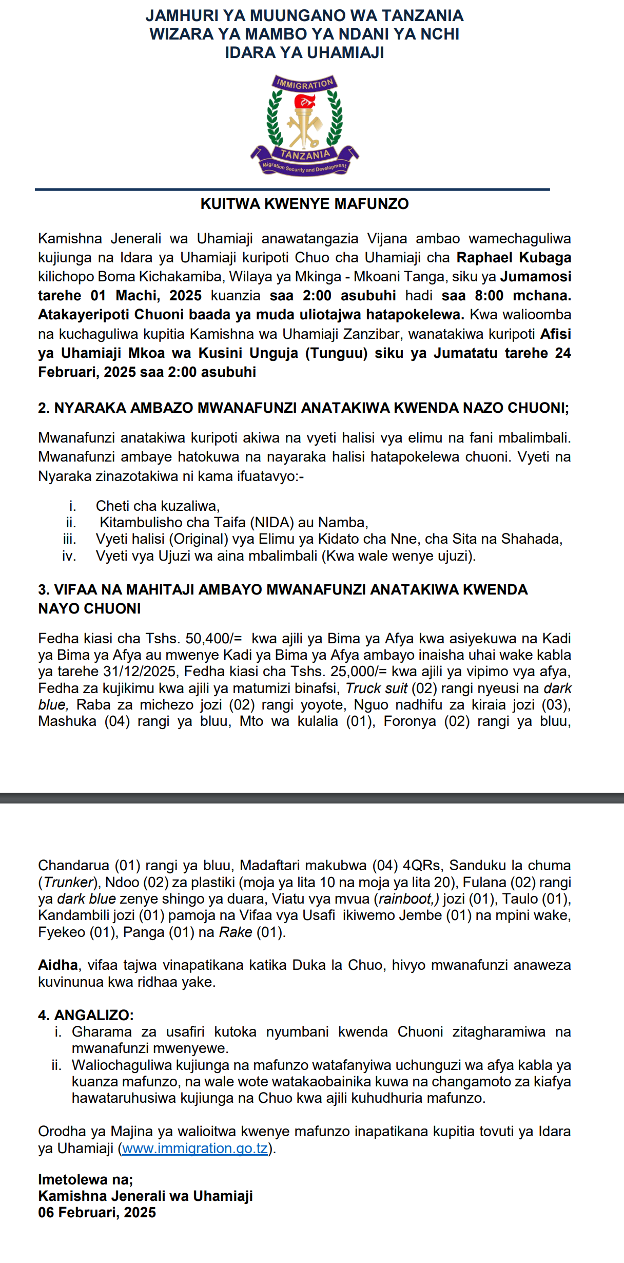 Uhamiaji training 2025: See the full list of waliochaguliwa kujiunga na uhamiaji. Find reporting dates, required documents, and important guidelines here.